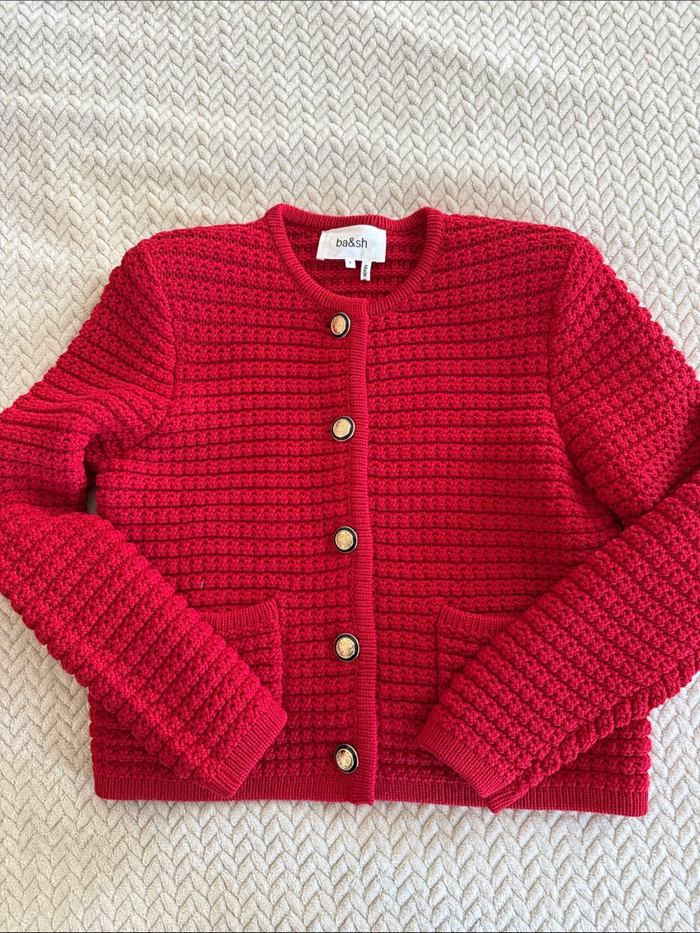 ba&sh Bright Red Textured Knit Cardigan with Gold Buttons - Picture 2 of 3